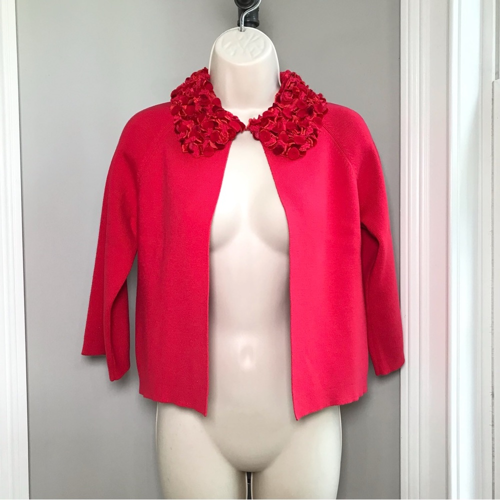 Vintage Michael Simon Red Rosette Crop Sweater Cardigan ~ Women’s Small